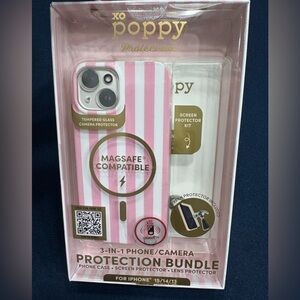 XO POPPY pink striped  iPhone 15/14/13 case & 3 in 1 Protection Bundle🩷🤍🩷